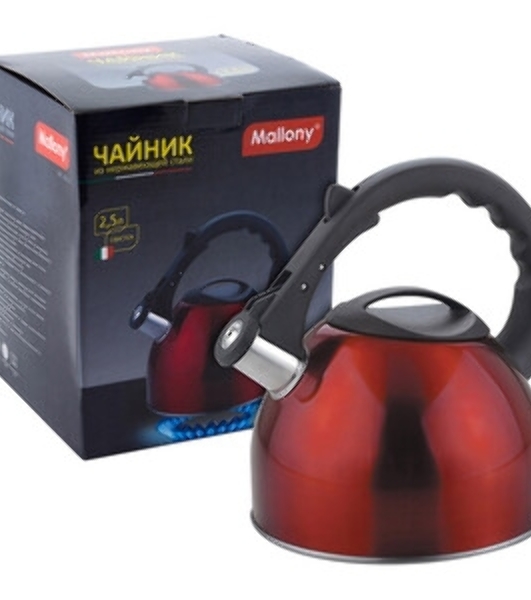 Чайник для плиты MALLONY MAL-039-R из нержавеющей стали со свисток, 2,5 л, красный (в уп. 12 шт)