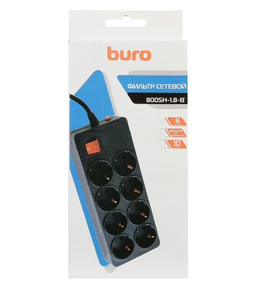 Сетевой фильтр Buro 800SH-1.8-B 1.8 м, 8 розеток, черный, коробка