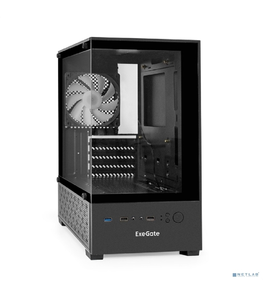 Компьютерный корпус Minitower ExeGate i3 SEA (mATX, без БП, 1*USB+1*USB 3.0, HD аудио, черный, 1 вент. 12см с RGb подсветкой, передняя и боковая панели - закаленное стекло)