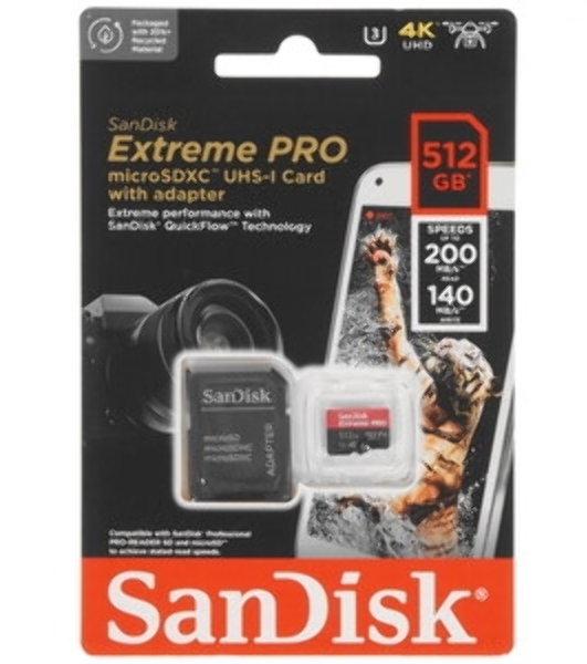 Флеш карта microSD 512Gb SanDisk microSDXC Class 10 UHS-I A2 C10 V30 U3 Extreme Pro (SD адаптер) 200Mb/s