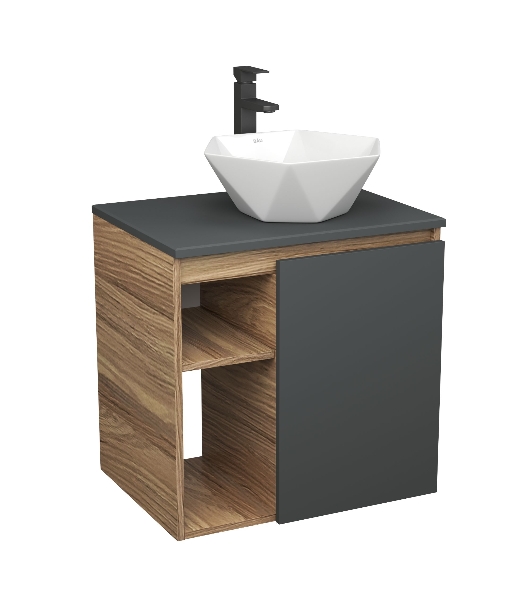 Тумба Bau Dream Blackwood 60 правая, графит, раковина BAU Crystal 40х40, смеситель для раковины высокий Hotel Black, черный