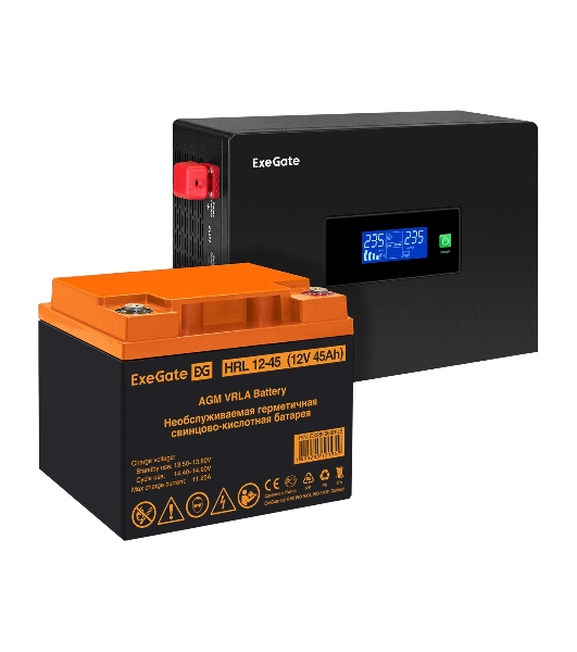 Комплект Источник бесперебойного питания EX295992RUS + батарея 45Aч EX285666RUS 1шт (инвертор, синус, для котла, PF=1, настенный) ExeGate IdealSine SR-600.LCD.2SH <600VA/600W, чистая синусоида, цветной LCD-дисплей, 2*Schuko, крепление настенное, черный> + батарея ExeGate HRL 12-45 (12В, 45А·ч) 1шт