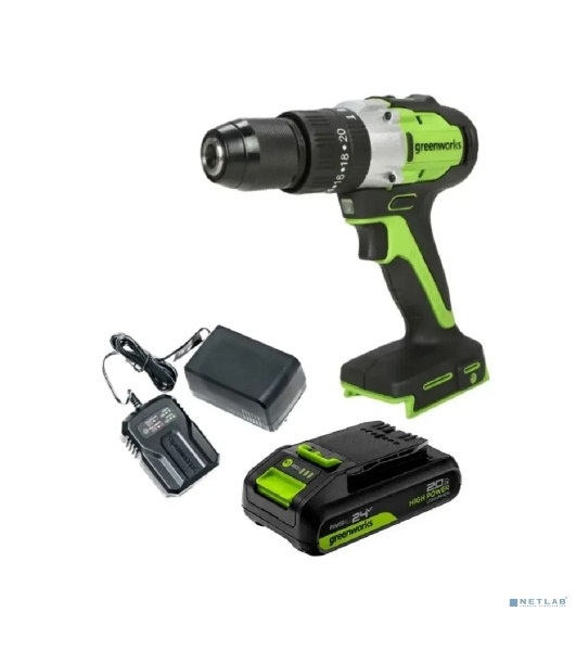 Дрель-шуруповерт GREENWORKS GD24DD60, 24 В, 0 Ач, 60 Нм, бесщеточный, ударный