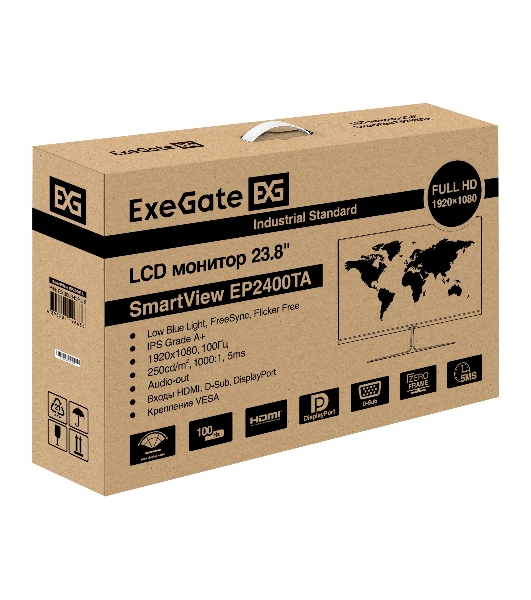 Монитор LCD ExeGate 23.8' EP2400TA черный IPS 1920x1080 100Hz 5ms 16:9 250cd 1000:1 178/178 D-Sub HDMI2.0 DisplayPort AudioOut встроенный БП FreeSync Flicker-free VESA EX300349RUS