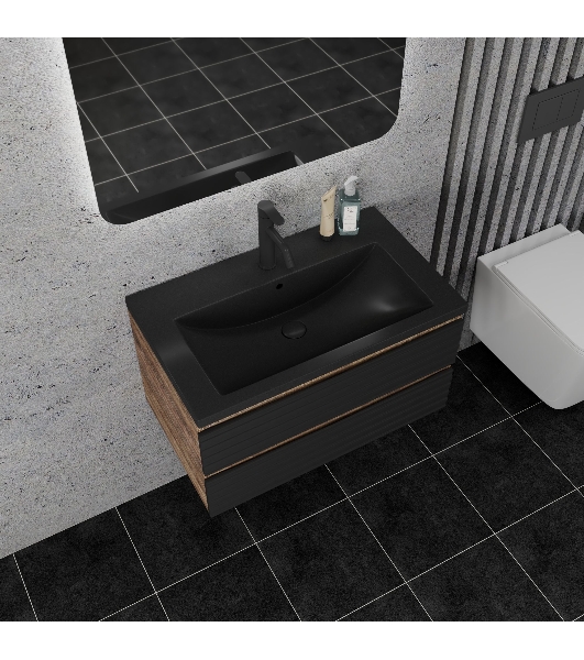 Тумба под раковину Bau Stil Loft black brushed, раковина кварцевая BAU Stil 75, черный металлик, смеситель Dream Black, черный