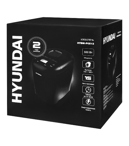 Хлебопечка Hyundai HYBM-P0513 чёрный, 550 Вт, 0.9 кг, 15 программ