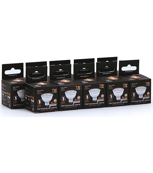 Лампа светодиодная Gauss Black 7Вт цок.:GU5.3 рефлек. 220B 3000K св.свеч.бел.теп. MR16 (упак.:10шт) (101505107)