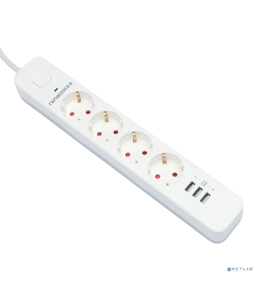Сетевой фильтр Гарнизон 2.0 Мультипорт EPS-4-U3-W-2, 4 р, 10А, 3xUSB, 2 м, ур.защиты 2+, белый, пакет