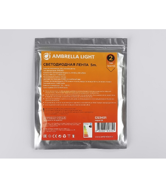 Светодиодная лента Ambrella light GS3401 2835 240Led/ 20W m/ 24V IP20 3000K/ 5000*10*1.2mm (2 конт.)