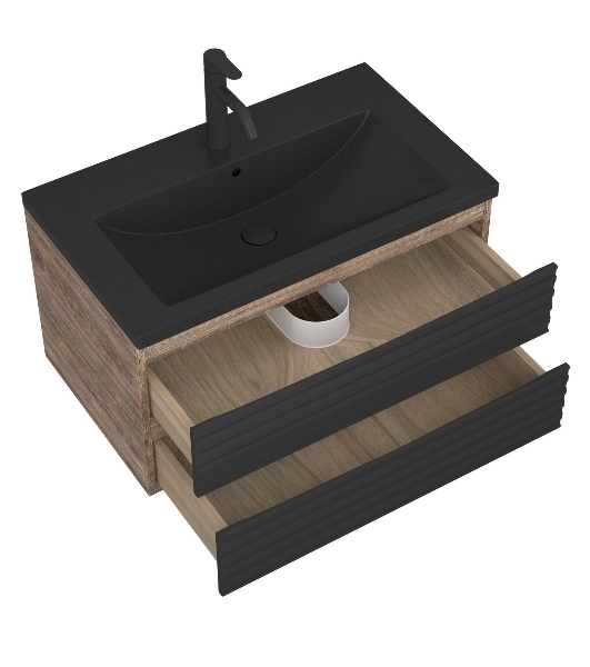 Тумба под раковину Bau Stil Loft black brushed, раковина кварцевая BAU Stil 75, черный металлик, смеситель Dream Black, черный
