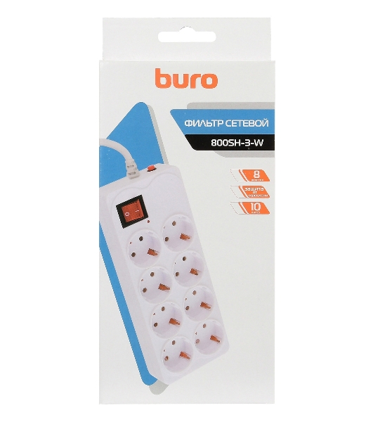 Сетевой фильтр Buro 800SH-3-W 3 м, 8 розеток, белый, коробка