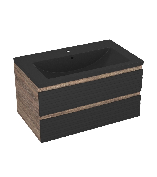 Тумба под раковину Bau Stil Loft black brushed, раковина кварцевая BAU Stil 75, черный металлик, смеситель Dream Black, черный
