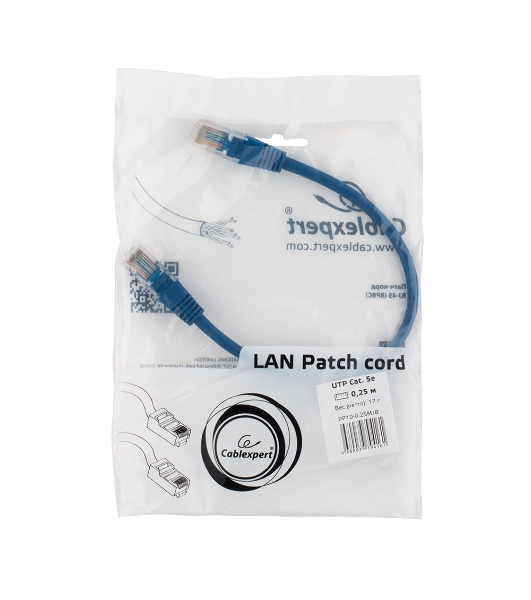 Патч-корд медный UTP Cablexpert PP10-0.25M/B cat.5e, 0.25 м, литой, многожильный, синий