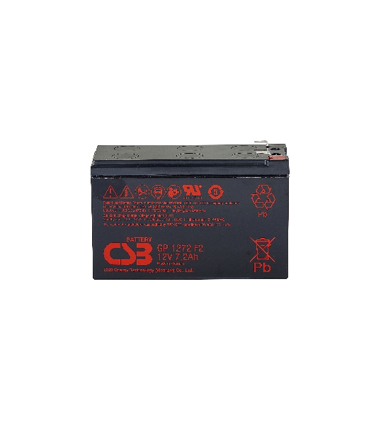Батарея для ИБП CSB серия GP, GP1272, напряжение 12В, емкость 7.2А·ч (разряд 20 часов), макс. ток разряда (5 сек.) 100А, ток короткого замыкания 304А, макс. ток заряда 2.8A, свинцово-кислотная типа AGM, клеммы F1, ДxШxВ 150.9x64.8x98.6мм., вес 2.4кг., срок службы 5