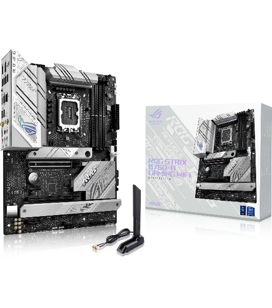 Материнская плата ASUS ROG STRIX B760-A GAMING WIFI, LGA 1700, Intel B760, 4xDDR5, 4xSATA, 3xM.2, 1xPCIe 5.0 x16, 1xPCIe 3.0 x4, 1xHDMI, 1xDP, 1x 2.5Gb LAN, 1xUSB-A 3.2 Gen 2, 2xUSB-A 3.2 Gen 1, 4xUSB 2.0, 5x3.5 мм, 7.1, Standard-ATX