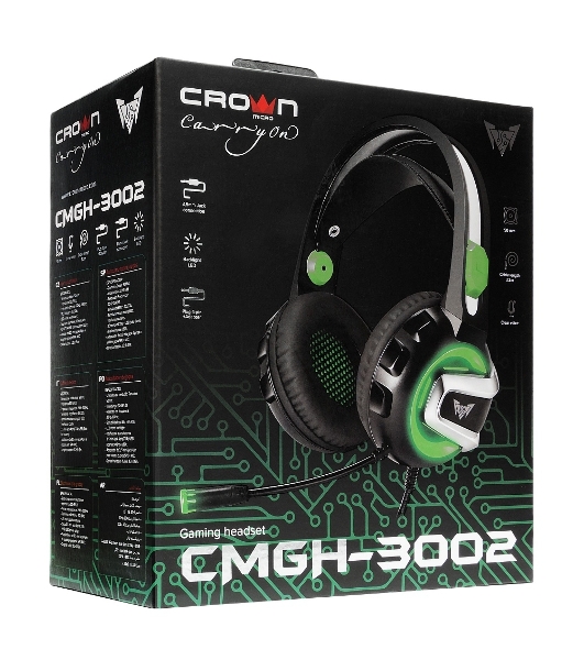 Гарнитура Crown CMGH-3002 чёрный/зелёный, проводная, подсветка