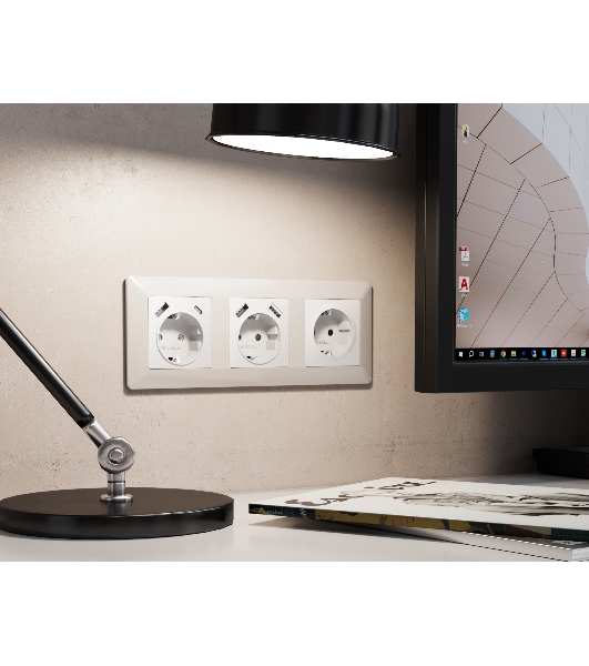 Комплект механизма электрической розетки ALFA Белый матовый 2USB A+A 18W (быстрая зарядка) с/з QUANT (AP1290, VM155) MA129010