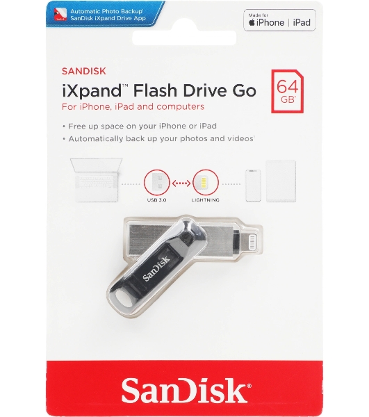 Флешка USB SanDisk IX60N iXpand Go (SDIX60N-064G-GN6NN), 64Gb, USB 3.0/Lightning, R/W 150/70, черный/серебристый