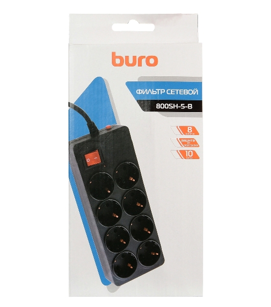 Сетевой фильтр Buro 800SH-5-B 5 м, 8 розеток, черный, коробка