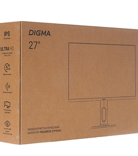 Монитор 27' Digma Progress 27P505U IPS 3840x2160, 60 Гц, 5 мс, 16:9, 350 кд/м², 2xHDMI, 2xDP, 1x3.5 мм, 2x3 Вт, черный