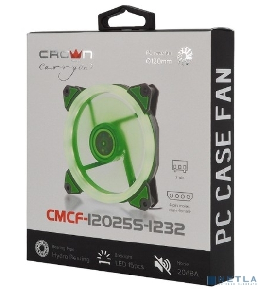 Вентилятор для корпуса Crown CMCF-12025S-1232 черный/зеленый, 120 мм, 1650 об/мин, 23 дБ, 3 pin