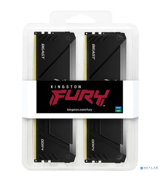 Оперативная память Kingston Fury Beast, DDR4, 32GB (2x16GB), 3200MHz, CL16, DIMM, с радиатором, RGB, черный