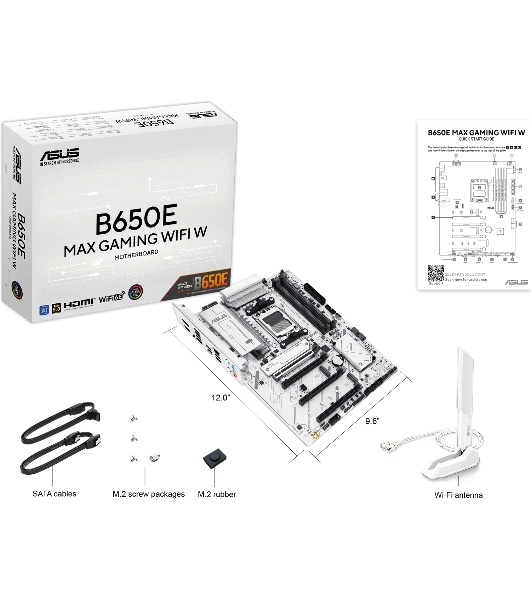 Материнская плата ASUS B650E MAX GAMING WIFI W, AM5, AMD B650, 4xDDR5, 4xSATA, 3xM.2, 1xPCIe 5.0 x16, 1xPCIe 4.0 x4, 2xPCIe 3.0 x1, 1xDP, 1xHDMI, 1x2.5Gb LAN, Wi-Fi 6E, Bluetooth 5.3, 1xUSB-C 10Gbps, 3xUSB-A 10Gbps, 2xUSB-A 5Gbps, 2xUSB-A 2.0, 3x3.5 мм, 7.1, ATX
