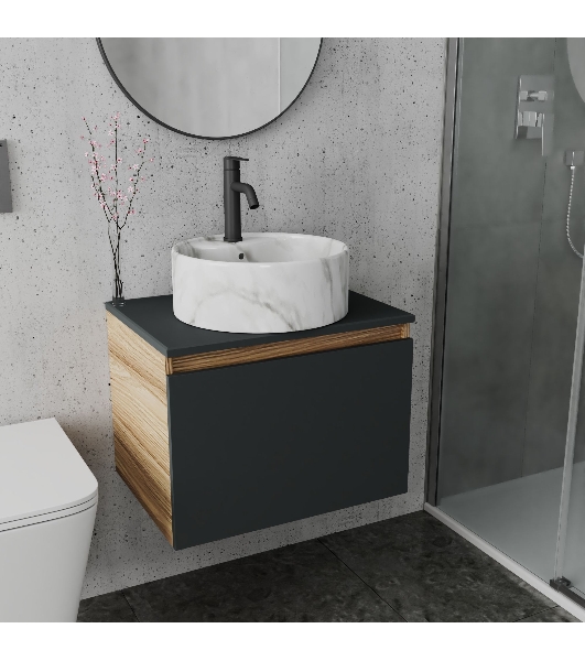Комплект: тумба Bau Dream Blackwood графит 60, 1 ящик, раковина круглая накладная BAU Element D41, мрамор, смеситель Hotel Dream Black, черный матовый
