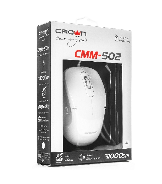 Мышь проводная Crown CMM-502 белый, 1000 dpi, USB, кнопки - 3