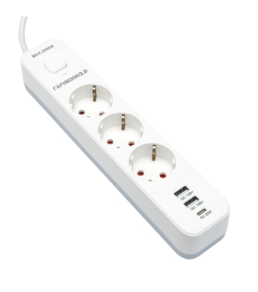 Сетевой фильтр Гарнизон EPS-3-CU2-W-2 2.0 Мультипорт 3 р, 10А, 1xType-C PD, 2 х USB QC, 2 м, ур.защиты 2+, белый, пак (21448)