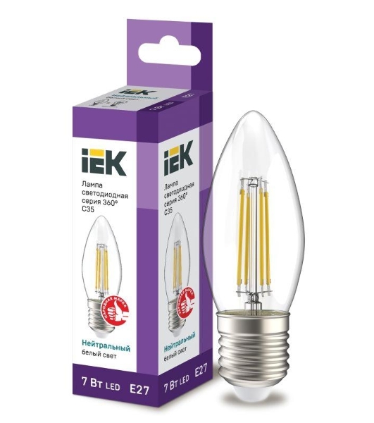 Лампа светодиодная IEK LLF-C35-7-230-40-E27-CL филаментная 360° 7Вт C35 свеча 4000К E27 230В прозр.