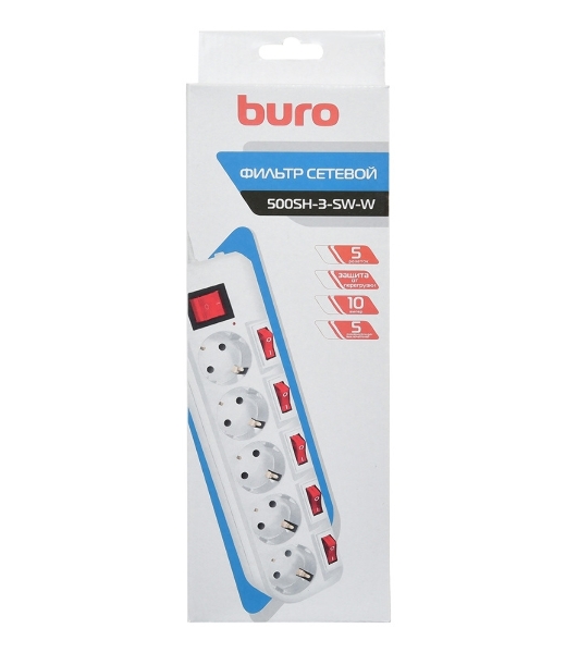 Сетевой фильтр Buro 500SH-3-SW-W 3 м, 5 розеток, белый, коробка