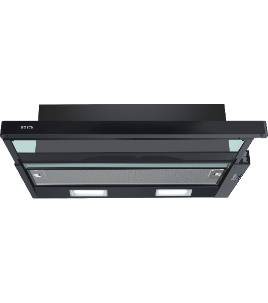 Встраивамая вытяжка Bosch Serie 2 DFT63CA60Q с выдвижным экраном, 60 см, черный, производительность до 300 м3/ч, режим отвода/циркуляции, 3 ступени мощности, кулисные переключатели, LED-освещение