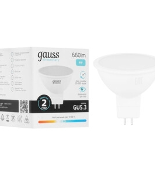 Лампа светодиодная Gauss Elementary MR16 9Вт цок.: GU5.3 спот 220B 4100K св. свеч. белый нейт. MR16 (упак.: 10 шт)