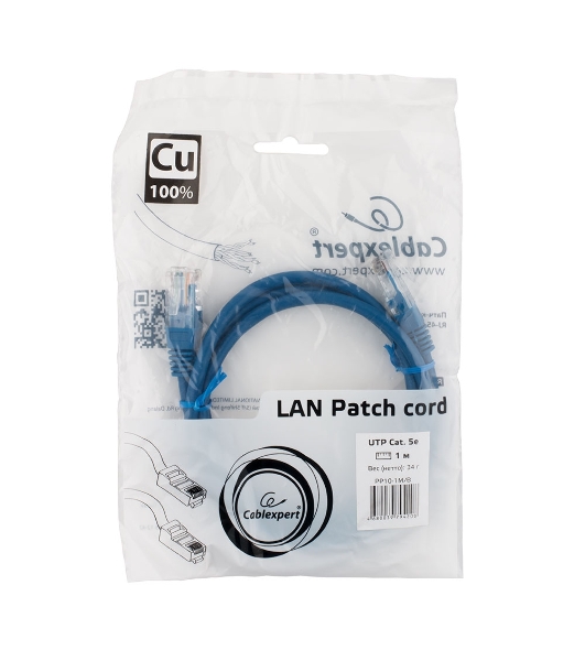 Патч-корд медный UTP Cablexpert PP10-1M/B cat.5e, 1м, литой, многожильный, синий