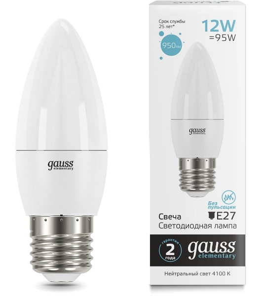 Лампа светодиодная Gauss Elementary 30222 12Вт цок.: E27 свеча 220B 4100K св. свеч. белый нейт. (упак.: 10 шт)