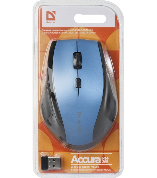Мышь беспроводная Defender Accura MM-365 синий, 1600 dpi, радиоканал, USB, кнопки - 6