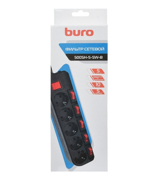 Сетевой фильтр Buro 500SH-5-SW-B 5 м, 5 розеток, черный, коробка