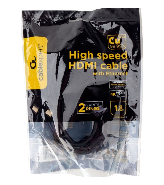 Кабель HDMI Cablexpert CCF2-HDMI4-6, 19M/19M, v2.0, медь, позол.разъемы, экран, 2 фер.кольца, 1,8м, черный, пакет