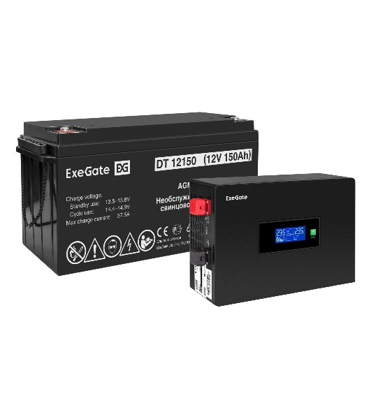 Комплект Источник бесперебойного питания EX295993RUS + батарея 150Aч EX282990RUS 1шт (инвертор, синус, для котла, PF=1, настенный) ExeGate IdealSine SR-1000.LCD.2SH  1000VA/1000W, чистая синусоида, цветной LCD-дисплей, 2*Schuko, крепление настенное, Black + батарея ExeGate DT 12150 (12В, 150Ач) 1шт