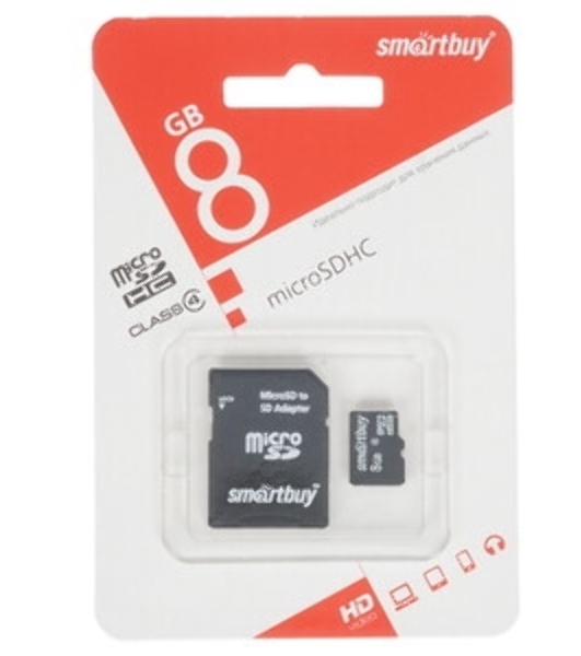 Флеш карта microSD 8Gb, Smartbuy microSDHC Class 4 (SD адаптер)