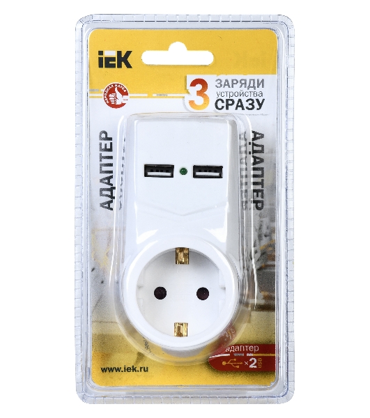 белый адаптер Т-01/01 1 место 2P+PE 16А 2хUSB 2,1A IEK