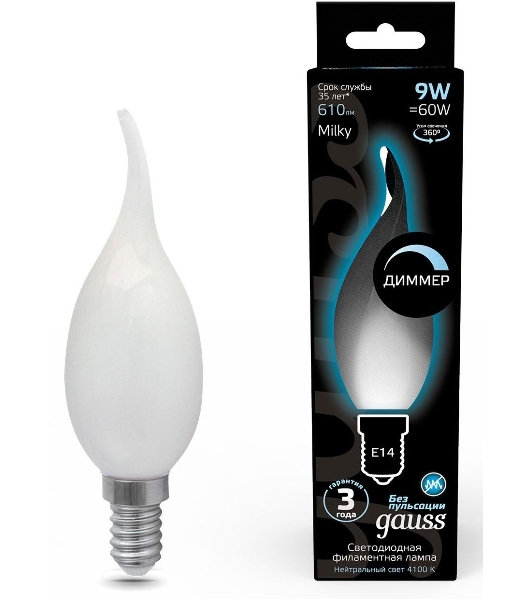 Лампа светодиодная Gauss Filament 104201209-D 9Вт цок.: E14 свеча 220B 4100K св. свеч. белый нейт. (упак.: 10 шт)