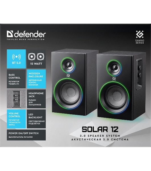 Акустическая 2.0 система Defender Solar 12 12 Вт, подсветка, BT, 230В