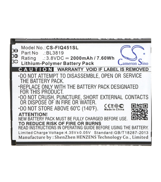 Аккумулятор CameronSino CS-FIQ451SL BL3819 для Fly IQ4514 Evo Tech 4 3.8V, 2000mAh, 7.60Wh
