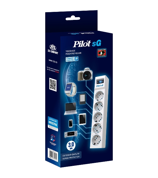 Сетевой фильтр ZIS PILOT Surge protector Pilot SG5 5 outlets (GP), 10A/2.2kVt, automatic circuit-breaker, 3 m