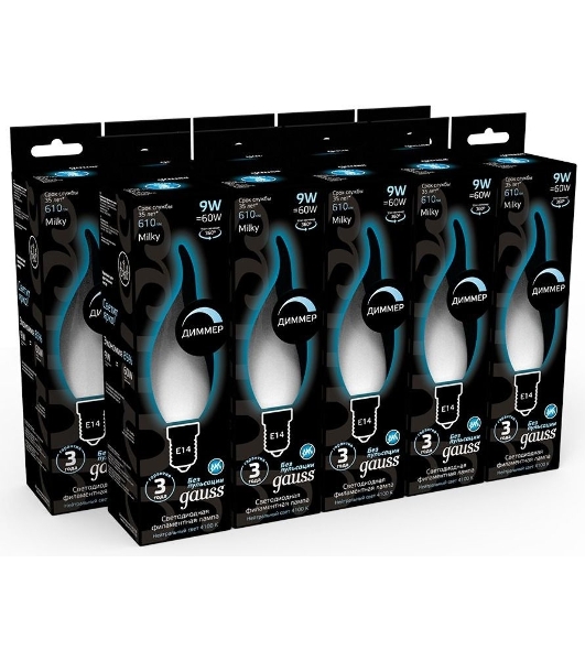 Лампа светодиодная Gauss Filament 104201209-D 9Вт цок.: E14 свеча 220B 4100K св. свеч. белый нейт. (упак.: 10 шт)