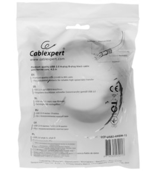 Кабель USB2.0 Cablexpert CCF-USB2-AMBM-TR-15, AM/BM, медь, двойн.экран, фер.кольцо, Pro, 4.5м, прозрач, пакет