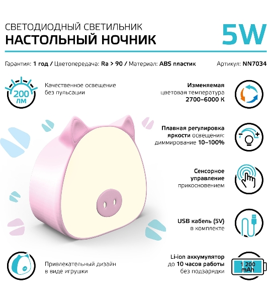 Ночник Gauss NN7034 поросенок розовый
