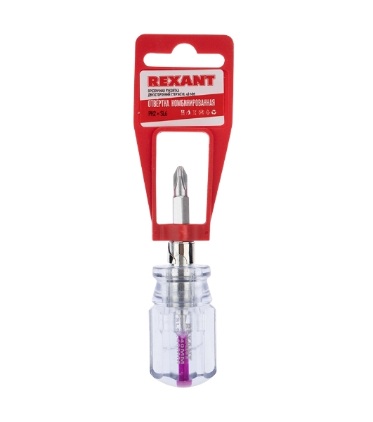 Отверткакомбинированная Rexant, прозрачная рукоятка,двухсторонний стержень 40 мм (крестовая PH 2, шлицевая SL 6 мм)